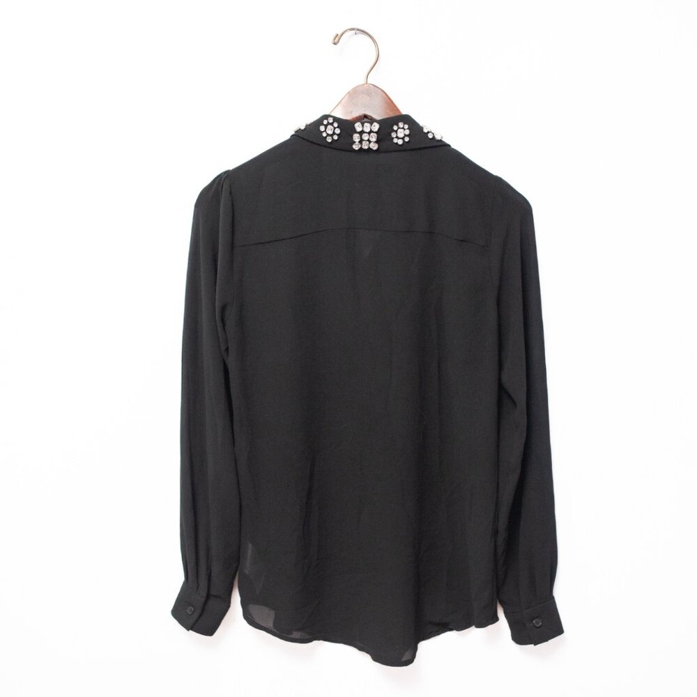 Michael Kors Embellished Collar Sheer Blouse XS Black Jewel Rhinestone Top Glam - Picture 6 of 14